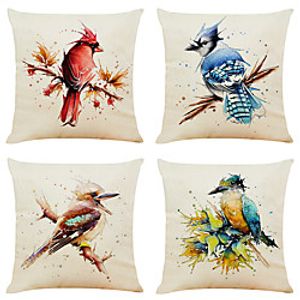 Set of 4 Creative Watercolor Bird Faux Linen Square Decorative Throw Pillow Cases Sofa Cushion Covers 18x18 miniinthebox