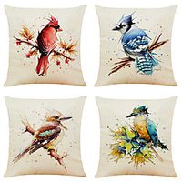 Set of 4 Creative Watercolor Bird Faux Linen Square Decorative Throw Pillow Cases Sofa Cushion Covers 18x18 miniinthebox - thumbnail
