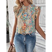 Women's Tank Top Paisley Casual Holiday Yellow Ruffle Print Sleeveless Fashion Boho Round Neck Regular Fit Summer Lightinthebox