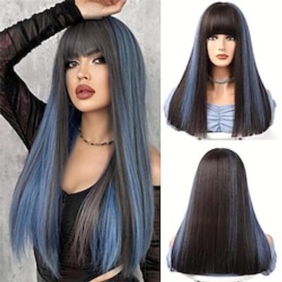 20 Inch Long Straight Wigs With Neat Bangs Natural Black Mixed Blue Hair Synthetic Heat Resistant Fiber Hair With Bangs Cosplay Party Wig For Women Christmas Party Wigs miniinthebox
