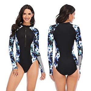 Women's Rash Guard One Piece Swimsuit UV Sun Protection UPF50 Breathable Long Sleeve Bodysuit Bathing Suit Front Zip Swimming Surfing Beach Water Sports Floral Autumn / Fall Spring Summer / Stretchy miniinthebox