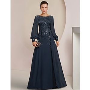 Sheath  Column Mother of the Bride Dress Formal Wedding Guest Elegant Scoop Neck Floor Length Chiffon Lace Long Sleeve with Sequin Appliques 2023 Lightinthebox