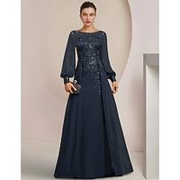 Sheath  Column Mother of the Bride Dress Formal Wedding Guest Elegant Scoop Neck Floor Length Chiffon Lace Long Sleeve with Sequin Appliques 2023 Lightinthebox - thumbnail