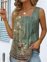 Pleated Square Neck Sleeveless Printed Vest T-shirt