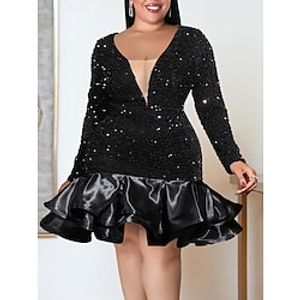 Women's Plus Size Party Dress Sequin Dress Sheath Dress Solid Color Midi Dress Long Sleeve Ruffle V Neck Fashion Party Black Summer Spring L XL XXL 3XL 4XL Lightinthebox