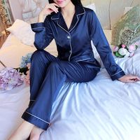 Sexy Silk-like Turn-down Collar Pure Color Long Sleeve Sleepwear Sets Loungewear