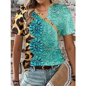 Women's T shirt Tee Floral Leopard Daily Weekend Yellow Red Royal Blue Print Button Short Sleeve Vintage Diagonal Neck Regular Fit Summer Lightinthebox
