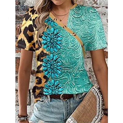 Women's T shirt Tee Floral Leopard Daily Weekend Yellow Red Royal Blue Print Button Short Sleeve Vintage Diagonal Neck Regular Fit Summer Lightinthebox
