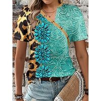 Women's T shirt Tee Floral Leopard Daily Weekend Yellow Red Royal Blue Print Button Short Sleeve Vintage Diagonal Neck Regular Fit Summer Lightinthebox - thumbnail