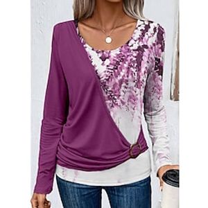 Women's T shirt Tee Floral Purple Print Long Sleeve Holiday Weekend Fashion Round Neck Regular Fit Spring   Fall Lightinthebox