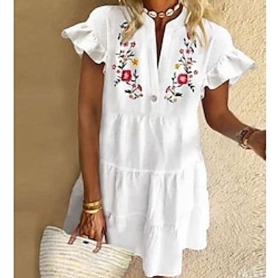 Women's A Line Dress Short Mini Dress White Short Sleeve Floral Ruched Print Spring Summer V Neck Elegant Casual Linen S M L XL XXL 3XL Lightinthebox Women's A Line Dress Short Mini Dress White Short Sleeve Floral Ruched Print Spring Summer V Neck Elegant Casual Linen S M L XL XXL 3XL Lightinthebox