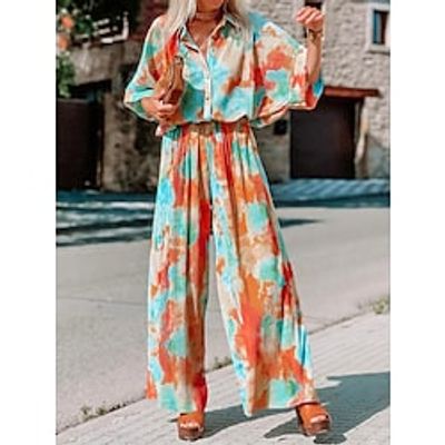 Women's Jumpsuit Button Pocket Tie Dye Shirt Collar Streetwear Daily Vacation Regular Fit Half Sleeve Blue S M L Spring miniinthebox