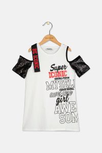 Kids Girl Cold Shoulder Graphic Dress  White