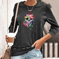 Women's Halloween T shirt Floral Graphic Skull Print Round Neck Halloween Tops Blue Yellow Green miniinthebox - thumbnail
