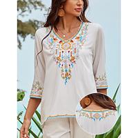 Women's Summer Tops Blouse Embroidered White Half Sleeve V Neck Summer Lightinthebox