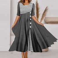 Women's Casual Dress Swing Dress Midi Dress Gray Long Sleeve Striped Button Fall Crew Neck Winter Dress Fall Dress S M L XL XXL miniinthebox - thumbnail