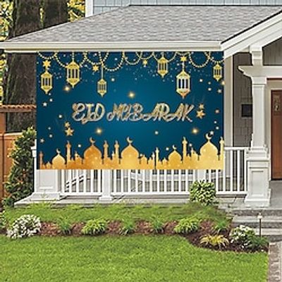 Large Eid Mubarak Party Decorations Blue and Gold Ramadan Mubarak Backdrop Banner Muslim Ramadan Banner Photo Booth Backdrop for Eid Mubarak Indoor and Outdoor Home Decor Lightinthebox