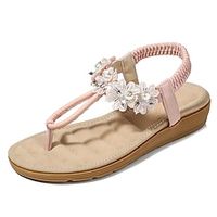 Women's Sandals Boho Bohemia Beach Sparkly Sandals Rhinestone Flat Heel Round Toe Open Toe Elegant Casual Party Beach PU Leather Elastic Band Spring Summer Solid Colored White Rosy Pink Lightinthebox - thumbnail