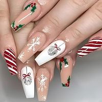 Christmas Press on Nails Coffin, Medium Red Fake Nails with Snowflake Green Leaves Pattern, Glue on nails for Women Girls DIY Nail Manicure, Includes Prep Pad, Mini File, Cuticle Stick, Glue, Jelly Lightinthebox - thumbnail