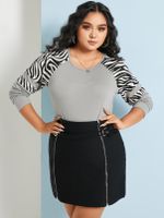 YOINS Plus Size Round Neck Patchwork Animal Long Sleeves Tee - thumbnail
