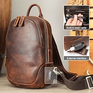 Men's Crossbody Bag Chest Bag Cowhide Office Daily Zipper Large Capacity Multi Carry Solid Color Coffee miniinthebox