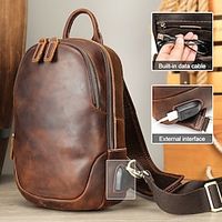 Men's Crossbody Bag Chest Bag Cowhide Office Daily Zipper Large Capacity Multi Carry Solid Color Coffee miniinthebox - thumbnail
