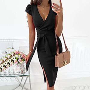 Women's Sheath Dress Knee Length Dress Blue Purple Khaki Black Red Short Sleeve Solid Color Lace up Summer V Neck Elegant Casual Puff Sleeve 2021 S M L XL XXL 3XL Lightinthebox