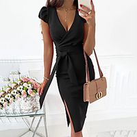 Women's Sheath Dress Knee Length Dress Blue Purple Khaki Black Red Short Sleeve Solid Color Lace up Summer V Neck Elegant Casual Puff Sleeve 2021 S M L XL XXL 3XL Lightinthebox - thumbnail