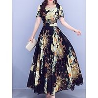 Women's Long Dress Maxi Dress Chiffon Dress Swing Dress Summer Dress Floral Fashion Mature Outdoor Daily Holiday Print Short Sleeve Crew Neck Dress Regular Fit Black Navy Blue Green Summer Spring M L Lightinthebox - thumbnail