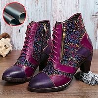 Women's Boots Plus Size Handmade Shoes Daily Booties Ankle Boots Zipper Kitten Heel Pointed Toe Vintage Casual Comfort Leather Zipper Floral Color Block Purple Brown miniinthebox - thumbnail