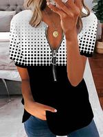 Round Neck Zipper Casual Loose Polka Dot Print Short Sleeve T-shirt