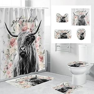 4Pcs Highland Cow Shower Curtain Set with Rug Toilet Lid Cover Sets with Non-Slip Rug Bath Mat for Bathroom,Various Cow Pattern,Waterproof Polyester Shower Curtain with 12 Hooks,Bathroom Decoration miniinthebox