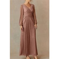 A-Line Mother of the Bride Dress Wedding Guest Simple Sparkle  Shine Elegant V Neck Ankle Length Polyester Long Sleeve with Side Draping Solid Color 2023 Lightinthebox