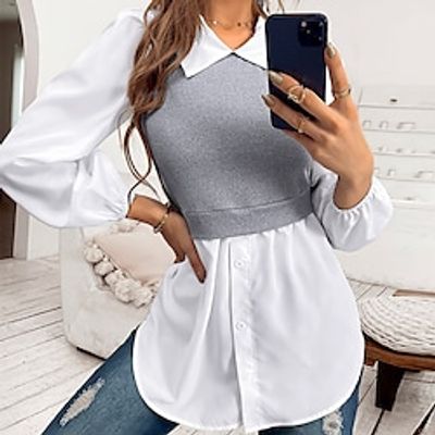 Women's Shirt Blouse Grey Color Block Patchwork Button Long Sleeve Casual Basic Shirt Collar Regular S miniinthebox