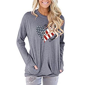 Women's Painting T shirt USA Flag Letter Long Sleeve Print Round Neck Basic Tops Cotton Blushing Pink Green Light gray miniinthebox