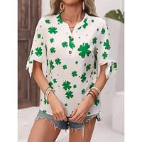 Women's Shirt Blouse Leaves Casual Holiday Green Button Cut Out Print Short Sleeve Fashion Streetwear Split Neck Regular Fit Summer Lightinthebox