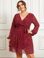 YOINS Plus Size Deep V Neck Star Belt Design Long Sleeves Dress - thumbnail