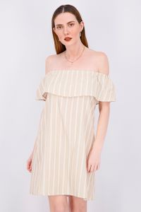 Womens Cold Shoulder Stripe Mini Dress  Beige