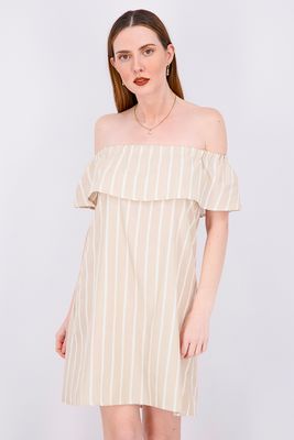 Womens Cold Shoulder Stripe Mini Dress  Beige