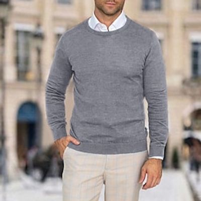 Men's Pullover Sweater Jumper Cropped Sweater Knit Sweater Ribbed Knit Regular Knitted Plain Crew Neck Modern Contemporary Work Daily Wear Clothing Apparel Winter Camel Black S M L Lightinthebox