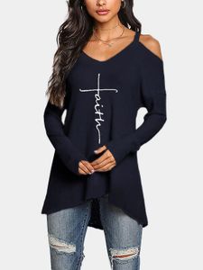 Navy Letter Print Cold Shoulder Long Sleeves Tee