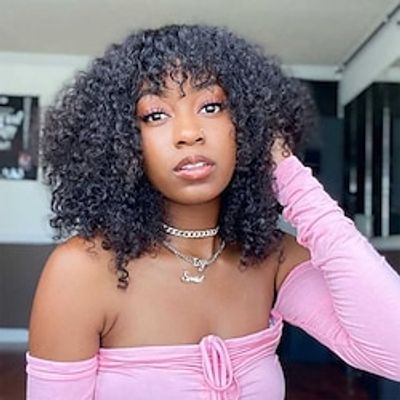 Remy Human Hair Wig Short Jerry Curl Layered Haircut With Bangs Natural African American Wig Capless Brazilian Hair Women's Natural Black #1B 12 inch Christmas Gifts Daily Wear Party  Evening Lightinthebox