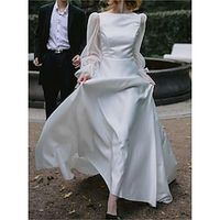 Beach Little White Dresses Wedding Dresses A-Line Boat Neck Long Sleeve Floor Length Satin Bridal Gowns With Pleats Solid Color 2024 Lightinthebox - thumbnail