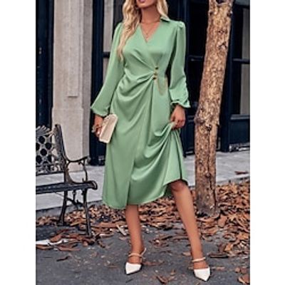 Women's Party Dress Cocktail Dress Satin Dress Midi Dress Champagne Brown Green Long Sleeve Pure Color Ruched Fall Winter Autumn Shirt Collar Fashion Wedding Guest Birthday Vacation 2023 S M L XL Lightinthebox