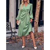 Women's Party Dress Cocktail Dress Satin Dress Midi Dress Champagne Brown Green Long Sleeve Pure Color Ruched Fall Winter Autumn Shirt Collar Fashion Wedding Guest Birthday Vacation 2023 S M L XL Lightinthebox - thumbnail