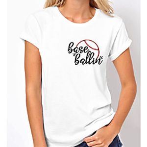 Women's Painting T shirt Text Baseball Print Round Neck Basic Tops Cotton White Lightinthebox