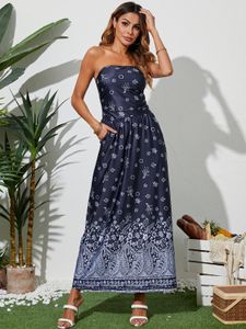 YOINS Blue Tube Top Tribal Side Pocket Sleeveless Maxi Dress