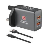 SWISS MILITARY BY BTS 45W GaN Power Delivery Wall Charger With USB-C & USB-A Ports | Ultra-Fast Charging | Compact Design | Compatible With Type-C Laptops, Tablets, iPhones, Samsung, etc | 5Yr Warranty, Grey SM-GaN-Power45W-1C1A-GRY