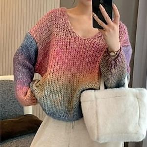 Women's Pullover Sweater Jumper V Neck Crochet Knit Polyester Knitted Fall Winter Regular Outdoor Daily Holiday Fashion Streetwear Casual Long Sleeve Color Block Color Gradient Yellow Pink Fuchsia miniinthebox