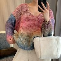 Women's Pullover Sweater Jumper V Neck Crochet Knit Polyester Knitted Fall Winter Regular Outdoor Daily Holiday Fashion Streetwear Casual Long Sleeve Color Block Color Gradient Yellow Pink Fuchsia miniinthebox - thumbnail